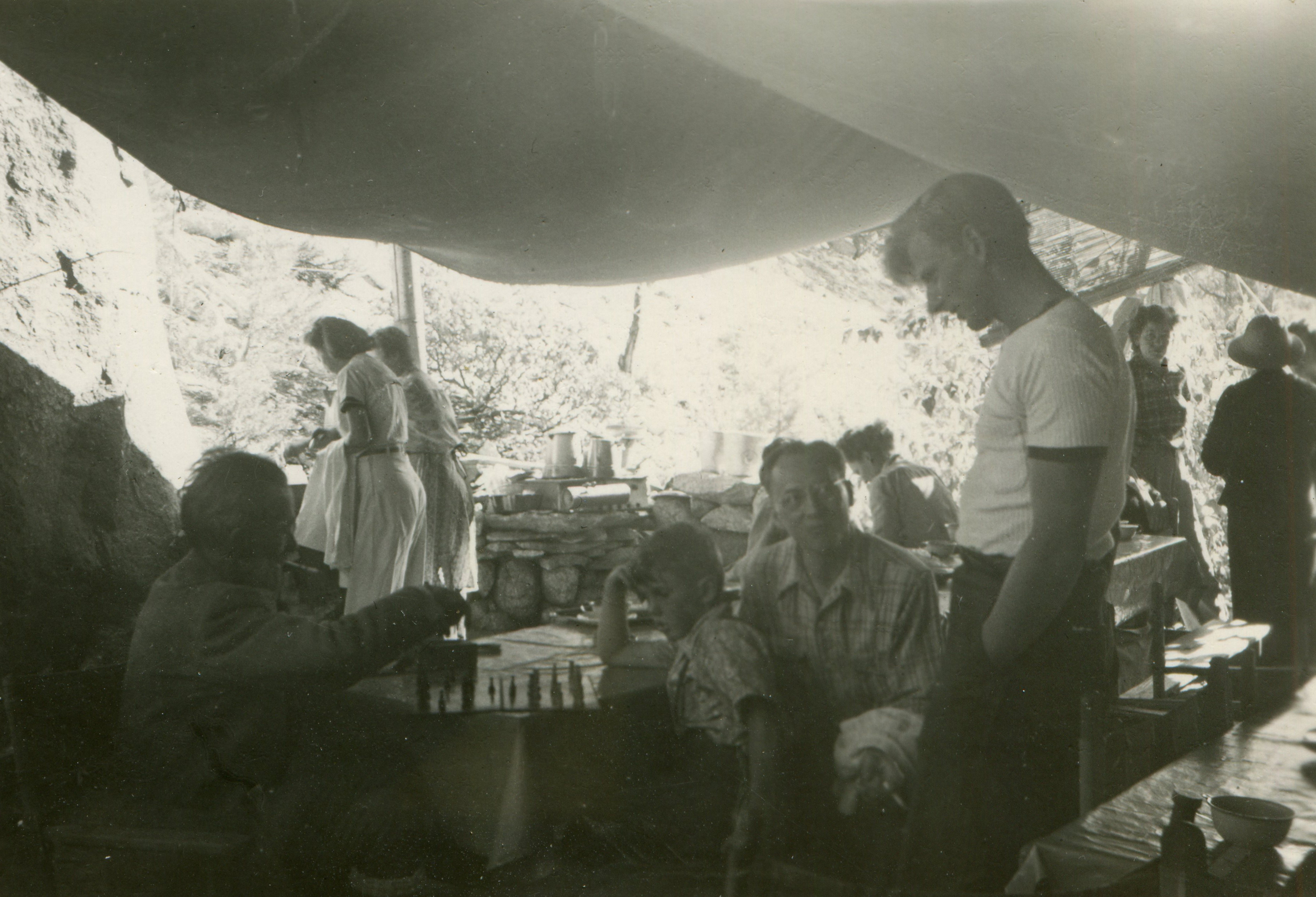 1948 Ashrama camp - Franklin & Bob Briggs playing chess game, with G. Sedwick a