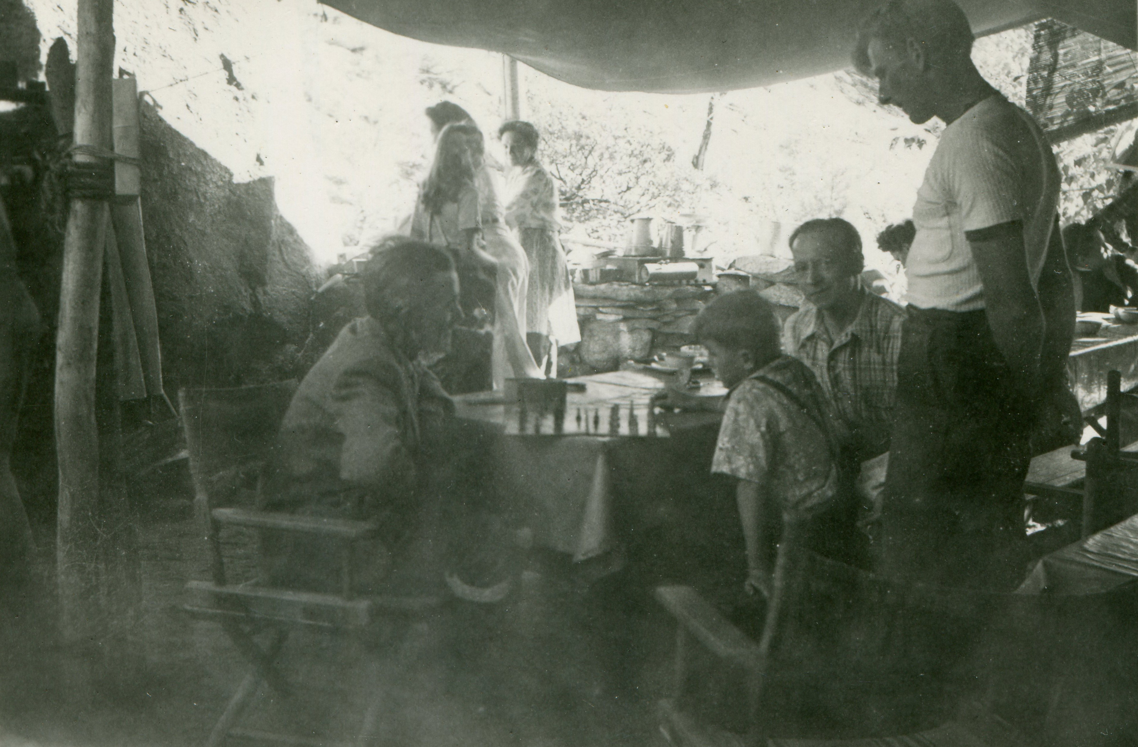1948 Ashrama camp - Franklin & Bob Briggs playing chess game, with G. Sedwick b