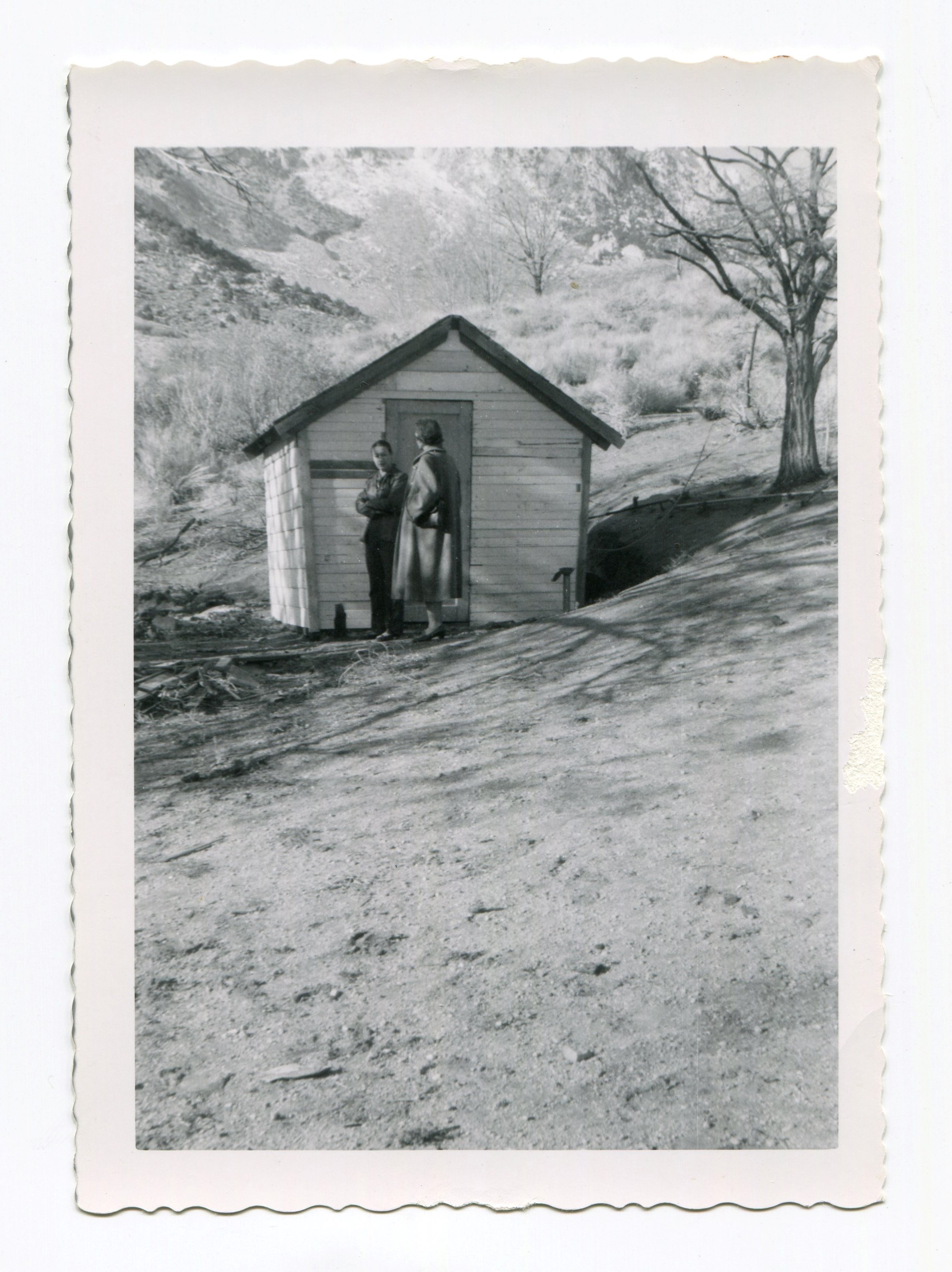 1960 Assembly of Man Ranch - Gertrude & Peggy de Cono outside the well-house